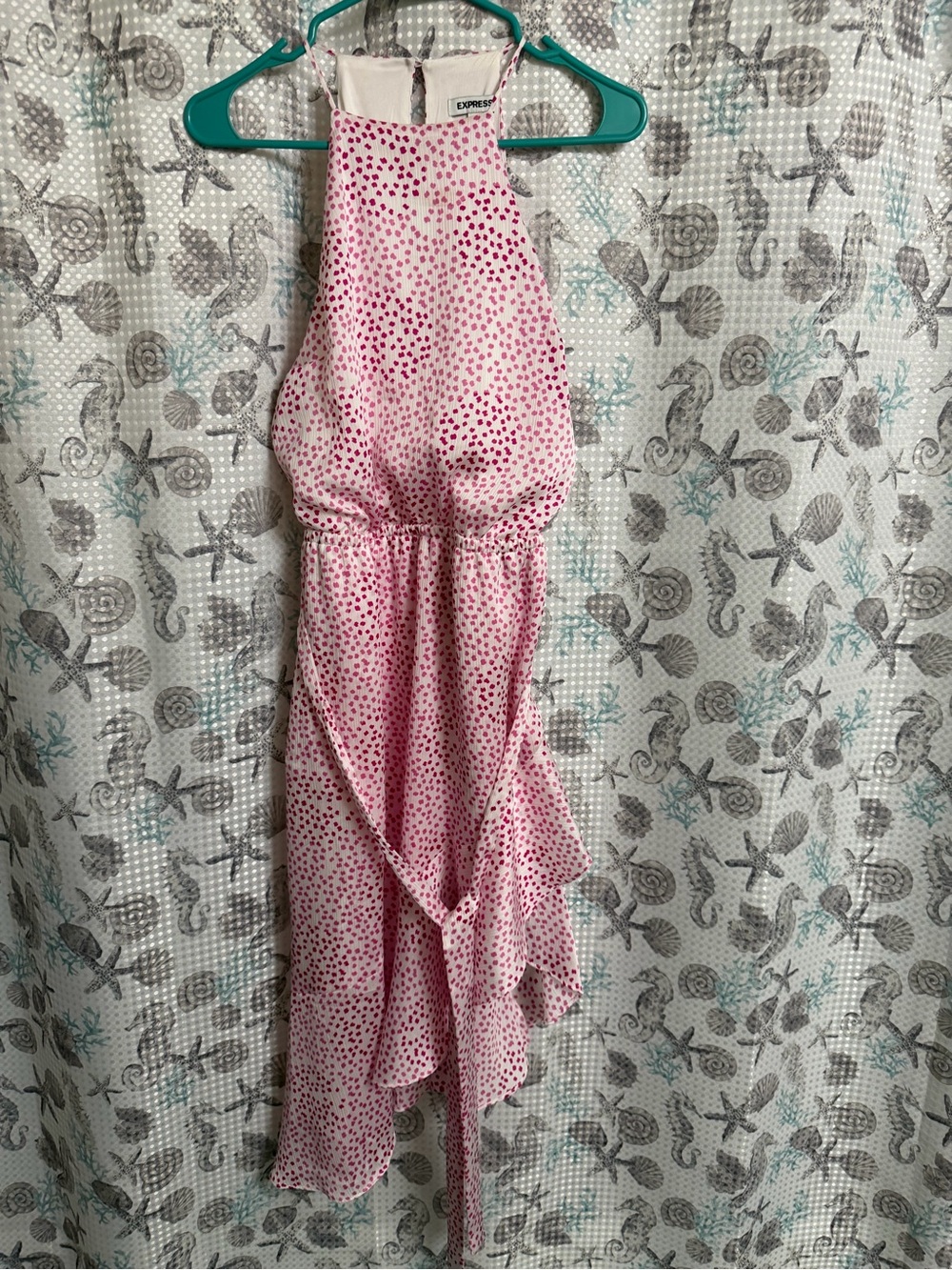 Express Pink Polka Dot Asymmetrical Halter Ruffle Dress
